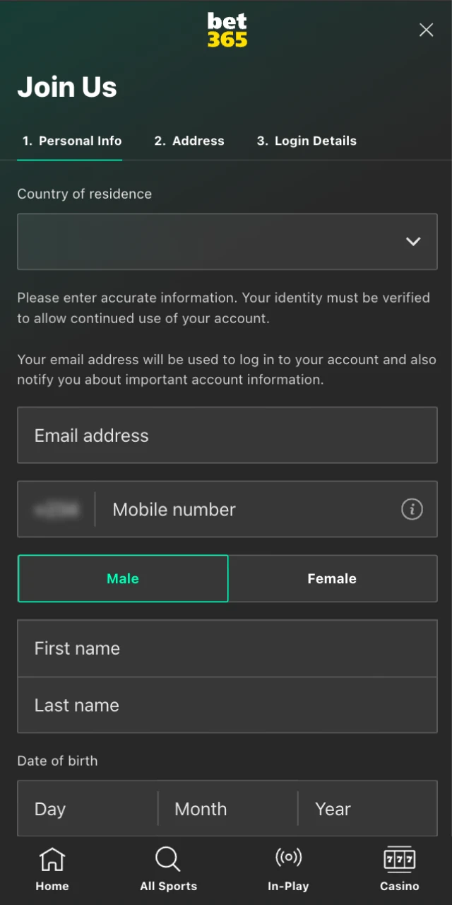 Look at the registration interface to create an account in the Bet 365 App.