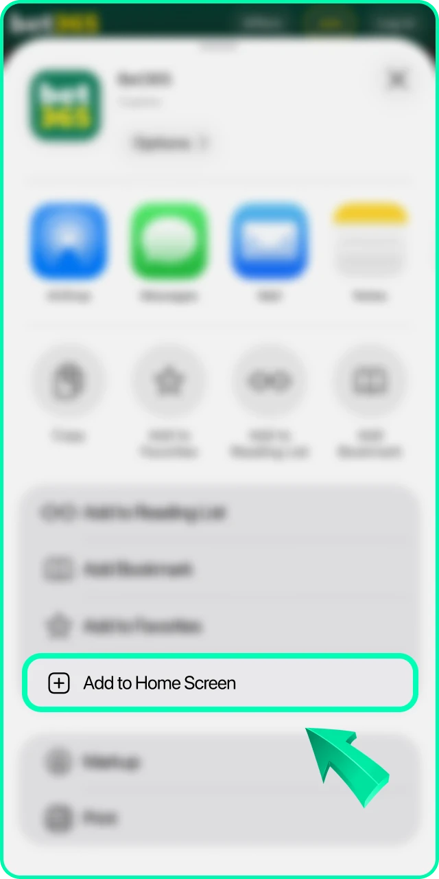 Select add to home screen to install the Bet 365 PWA.