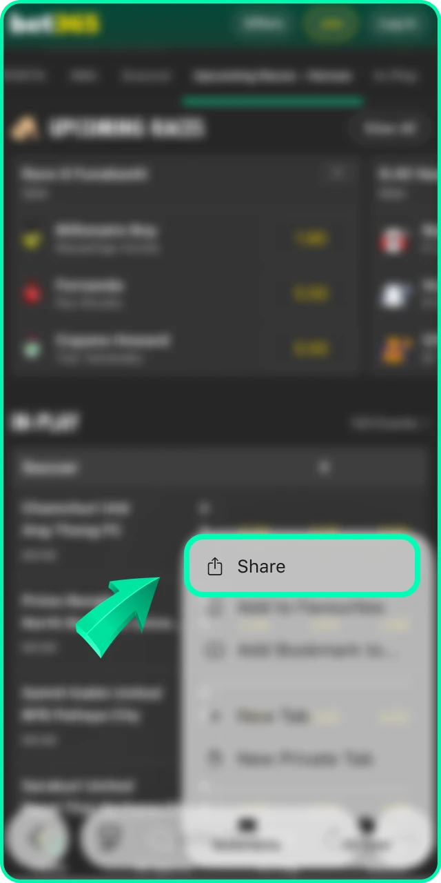 Click the share button to initiate the Bet 365 PWA setup.
