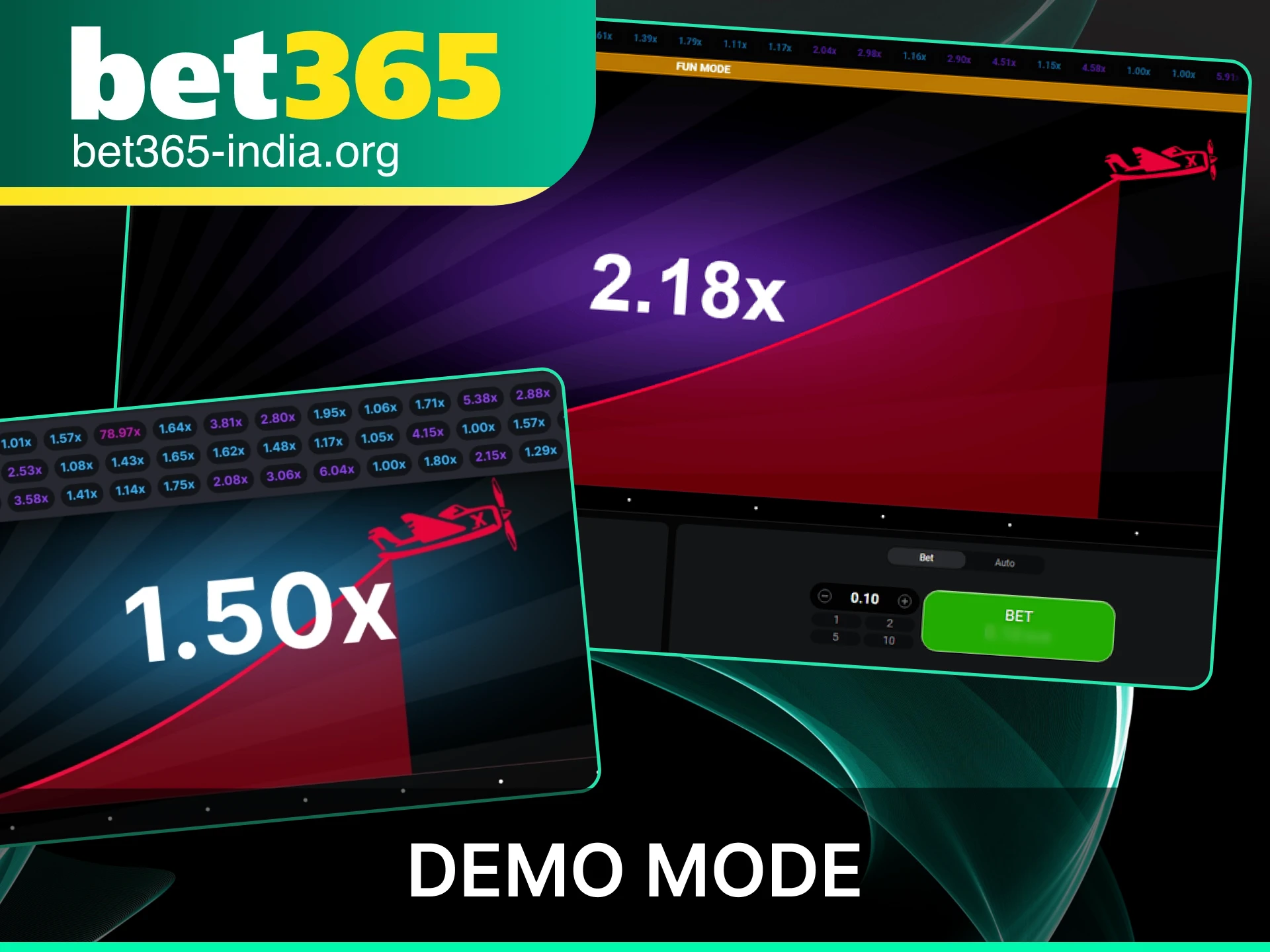 Try the Aviator demo mode at official Bet365 India to practice your crash game strategy.