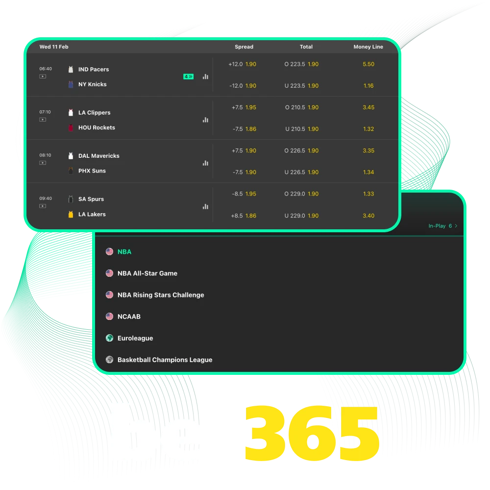 Place your basketball betting at Bet 365 online and win on major leagues.