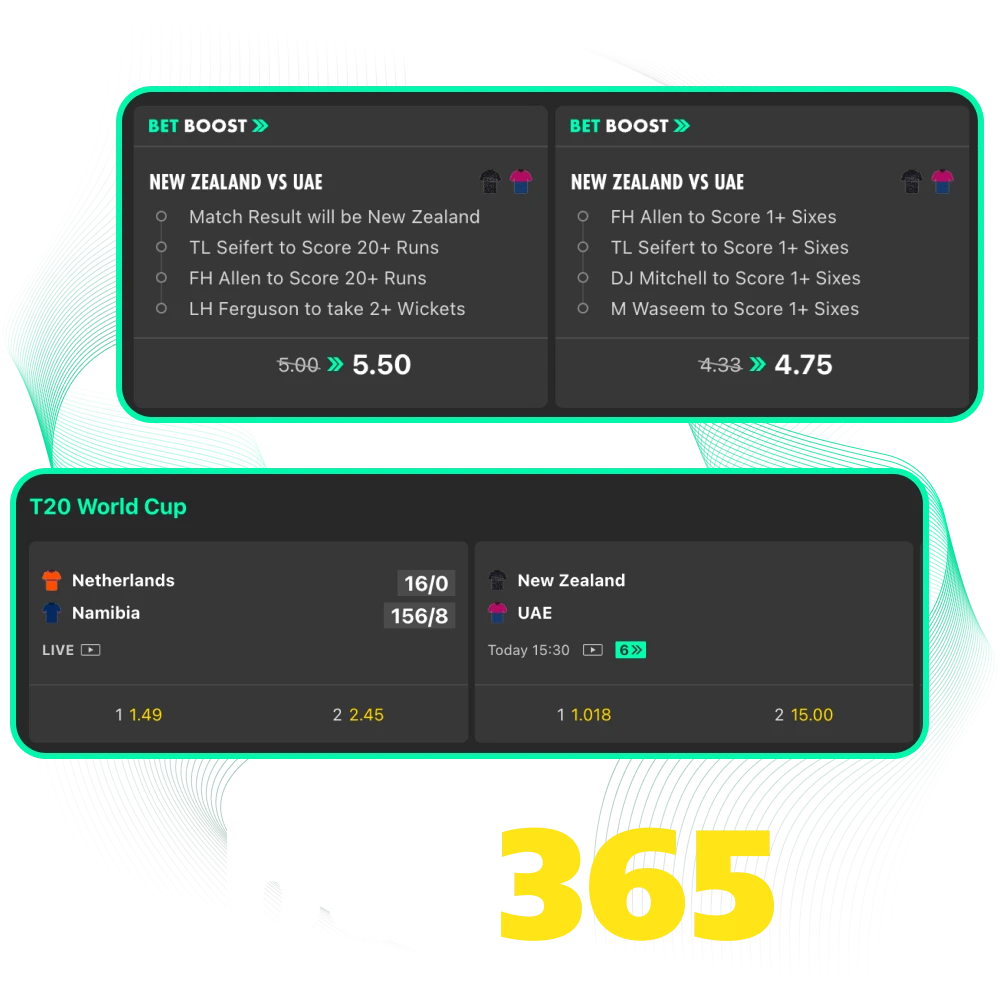 Place your cricket betting at Bet 365 India on top tournaments and leagues.