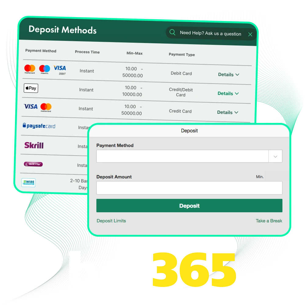 Top up your balance using the official deposit methods in Bet 365 India.