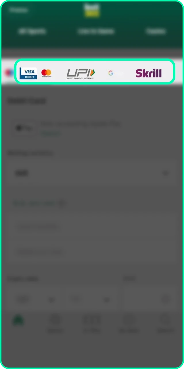 Choose your payment method in the Bet 365 deposit menu for India.
