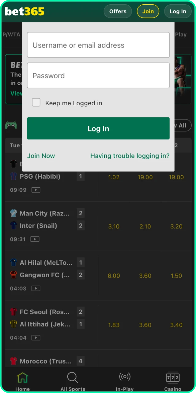 Log in to your account on the Bet 365 deposit page to start.