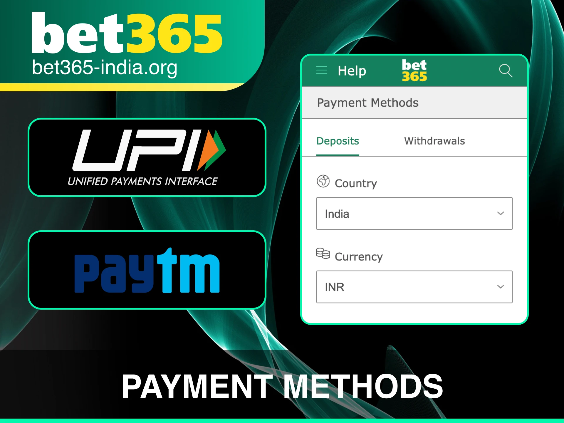 Choose among the available payment methods at Bet 365 for fast and secure transactions.