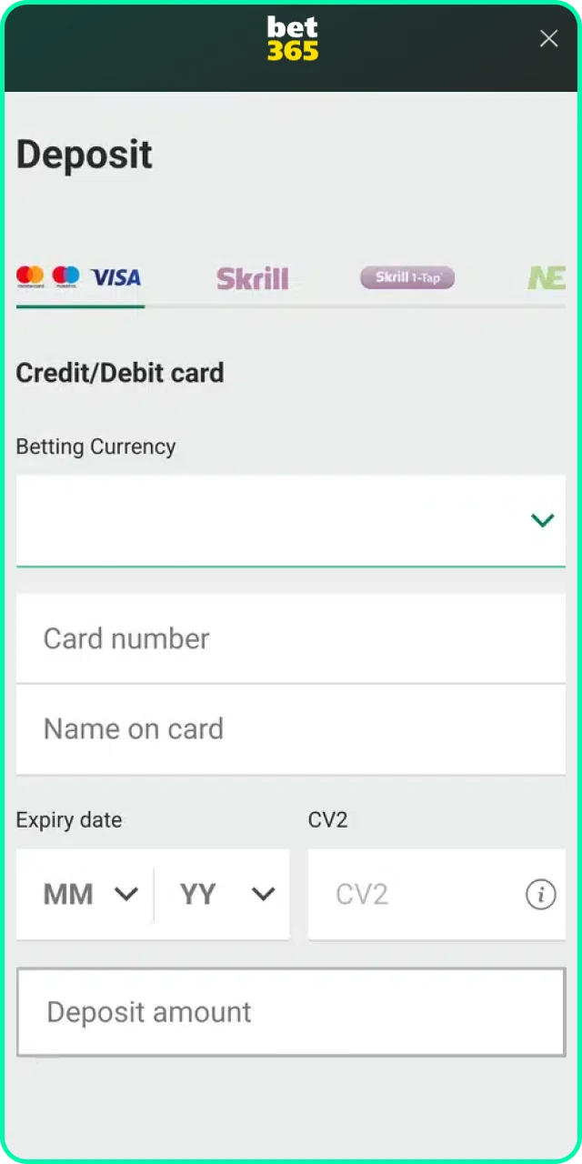 Make a deposit to activate your account and start playing at Bet 365.