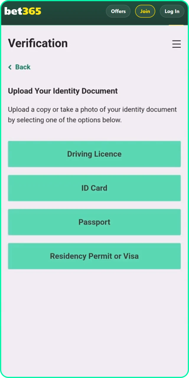 Choose the appropriate document type for your Bet365 India account security check.