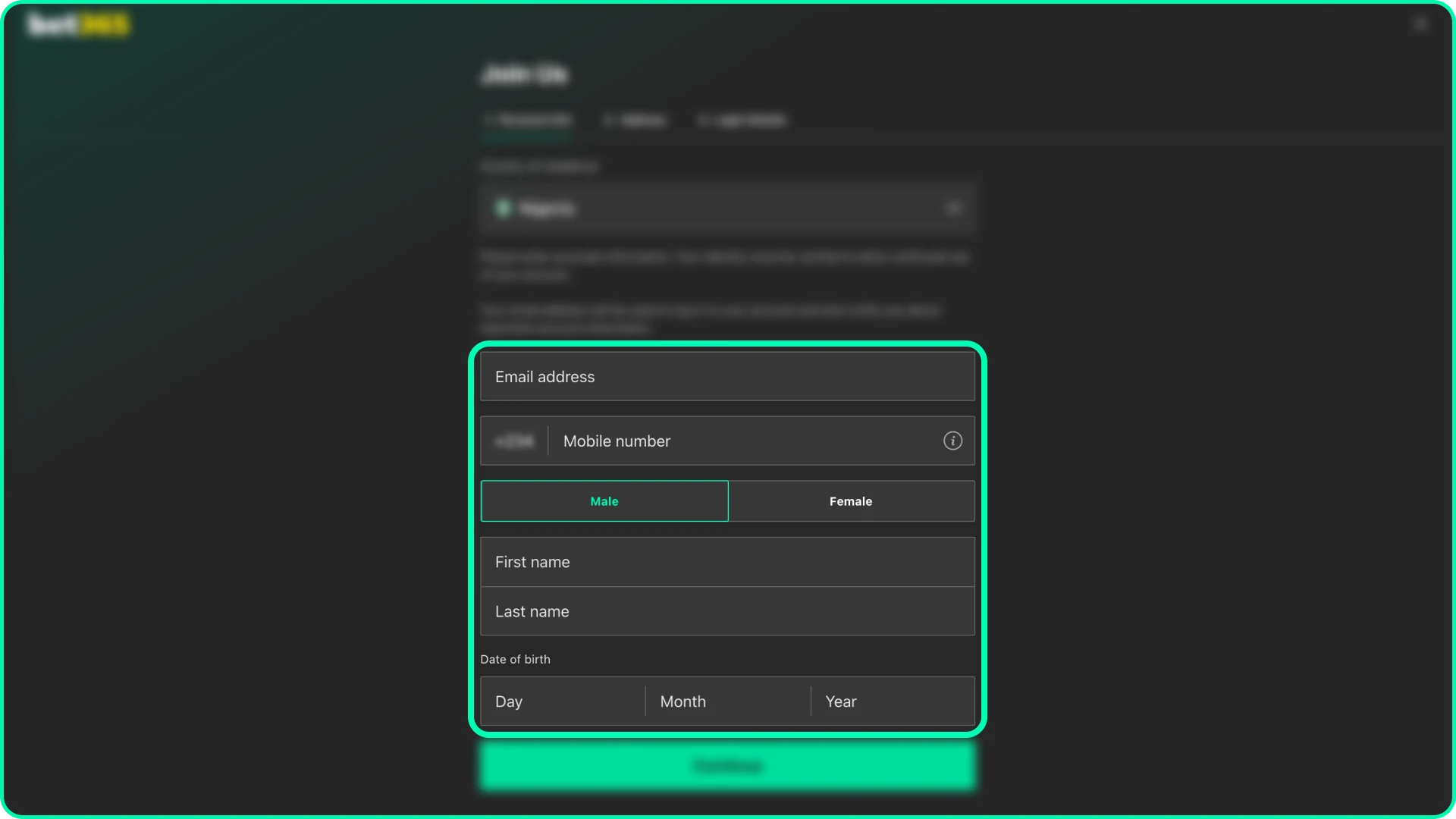 Enter personal details into the Bet 365 registration form to proceed further.