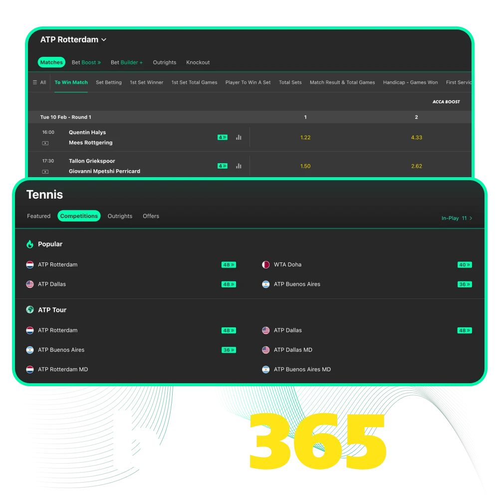 Place your tennis betting online in Bet 365 and win on grand slams.